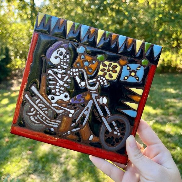 Earthtones Hand Glazed Decorative Skeleton Biker Ceramic Tile 6x6 Motorcycle - Picture 1 of 4